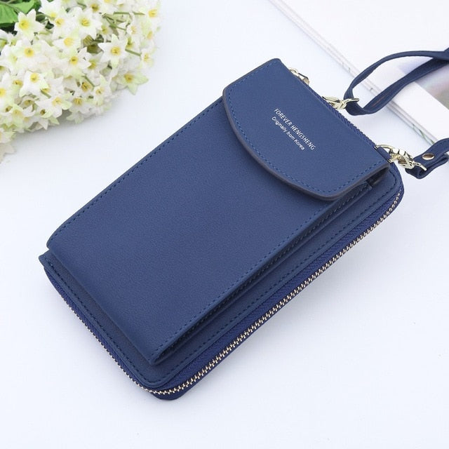 2020 Women Wallet Solid Color Leather Shoulder Straps Shoulder Bag Mobile Phone Big Card Holders Wallet Handbag Pockets girls - Blue Find Epic Store