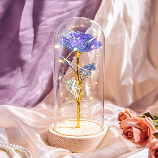 Beauty and The Beast Preserved Roses In Glass Galaxy Rose Flower LED Light Artificial Flowers Christmas Valentine Gift for Girls - White Base-Blue Find Epic Store