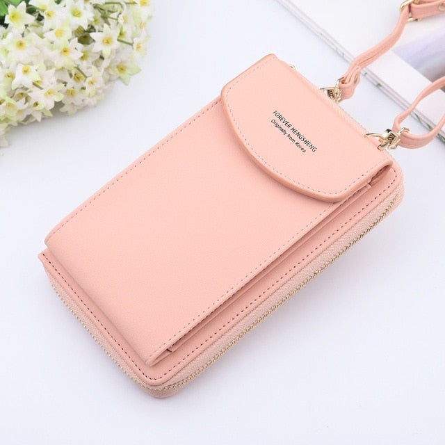 2020 Women Wallet Solid Color Leather Shoulder Straps Shoulder Bag Mobile Phone Big Card Holders Wallet Handbag Pockets girls - Pink Find Epic Store