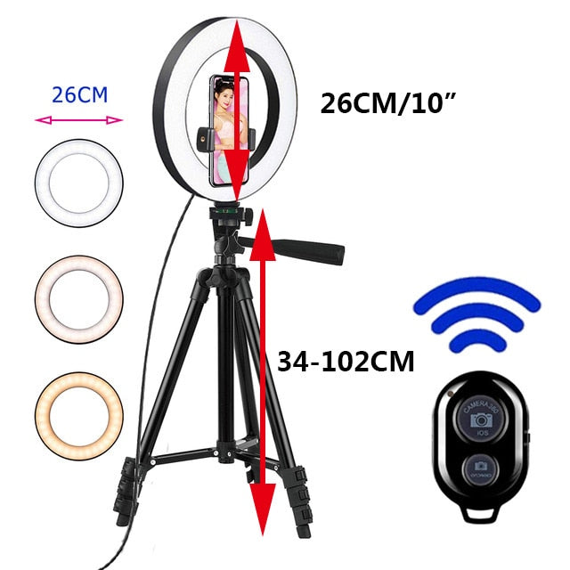 26cm Led Selfie Ring Light Bluetooth Remote Lamp Photography Tripod Holder - 102Cm-black Find Epic Store