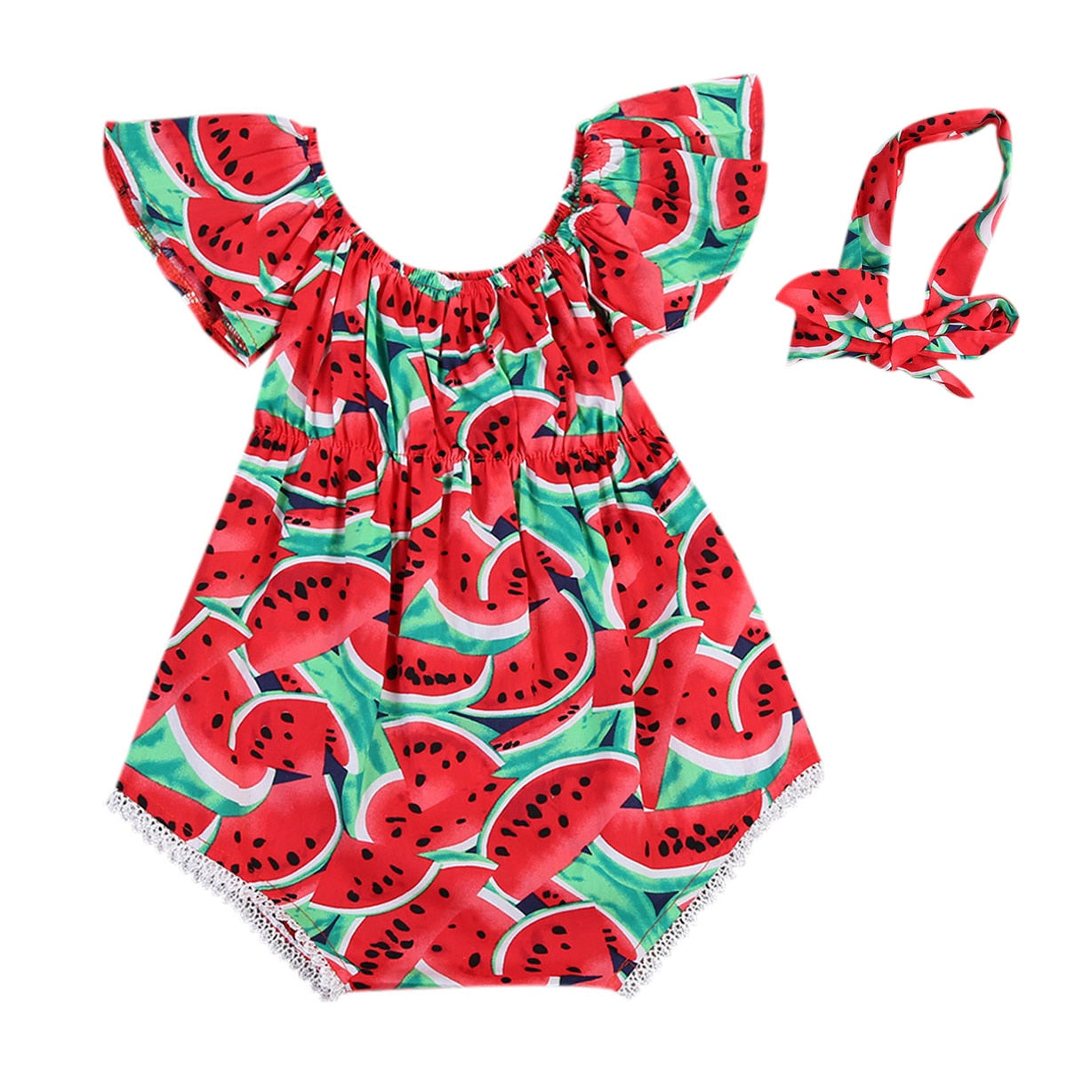 Newborn Baby Girls Watermelon Print Clothes Ruffles Sleeve Bodysuit +Headband - 80 Find Epic Store