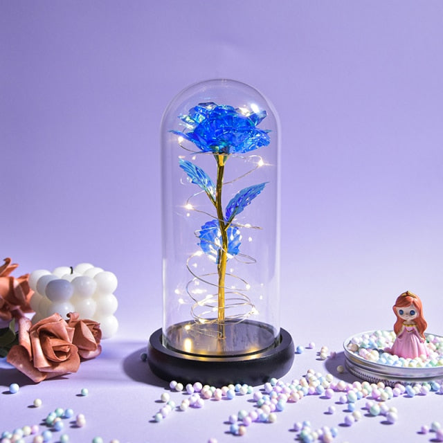 Beauty and The Beast Preserved Roses In Glass Galaxy Rose Flower LED Light Artificial Flowers Christmas Valentine Gift for Girls - Black Base-Blue Find Epic Store