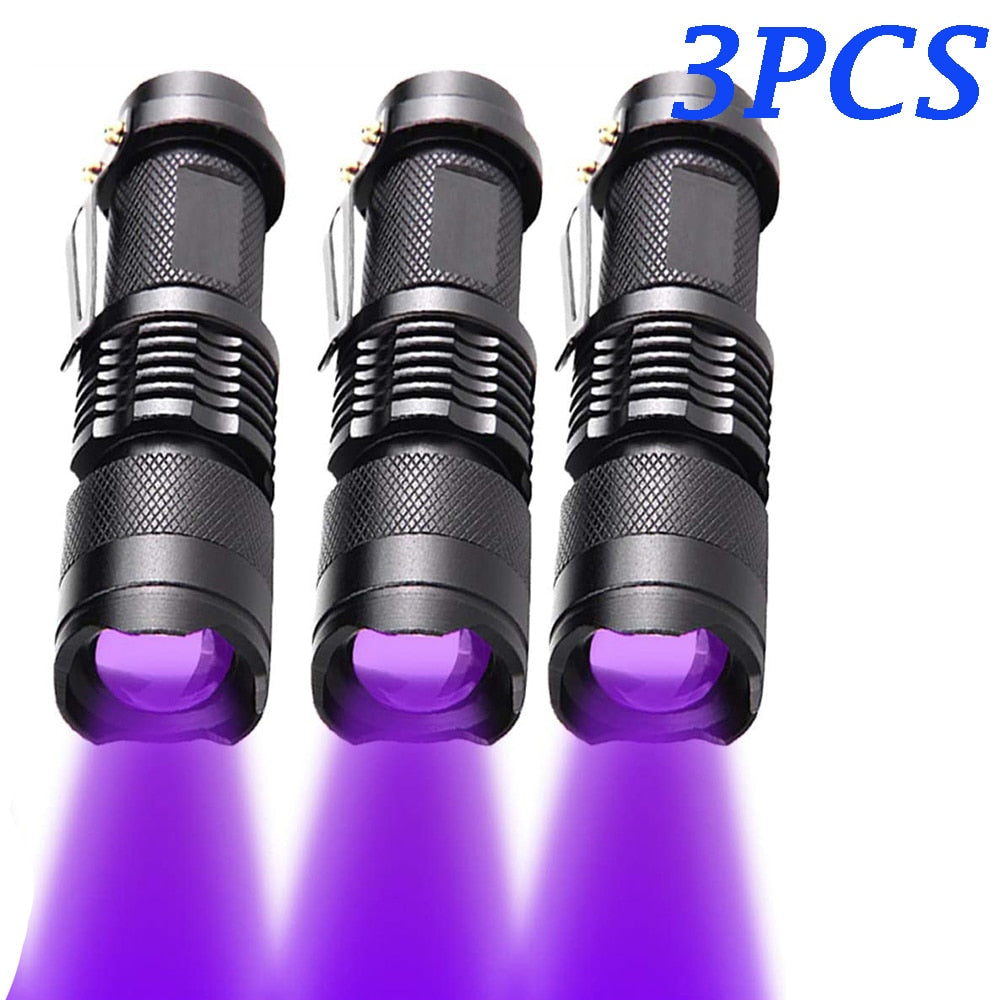 UV LED Flashlight Mini LED Torch 395nm Zoomable blacklight Wavelength Violet Light Pet Urine Scorpion Feminine hygiene Detector - 3pcs Find Epic Store