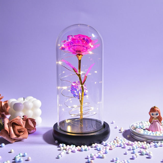 Beauty and The Beast Preserved Roses In Glass Galaxy Rose Flower LED Light Artificial Flowers Christmas Valentine Gift for Girls - Black Base-Pink Find Epic Store