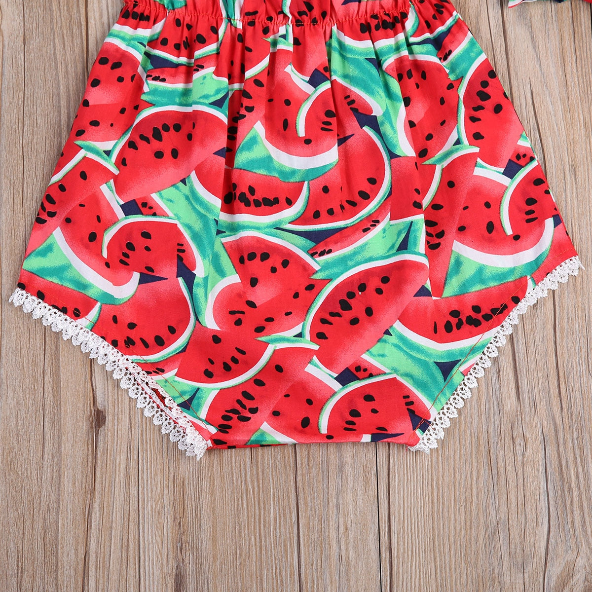 Newborn Baby Girls Watermelon Print Clothes Ruffles Sleeve Bodysuit +Headband - Find Epic Store