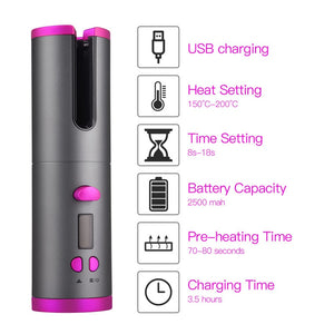 Cordless Auto Rotating Ceramic USB Rechargeable Hair Curler - Find Epic Store