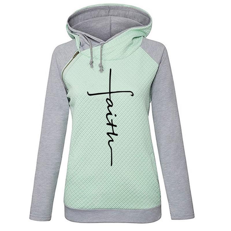 Autumn Winter Patchwork Hoodies Sweatshirts Women Faith Cross Embroidered Long Sleeve Sweatshirts Female Warm Pullover Tops - Green / S Find Epic Store