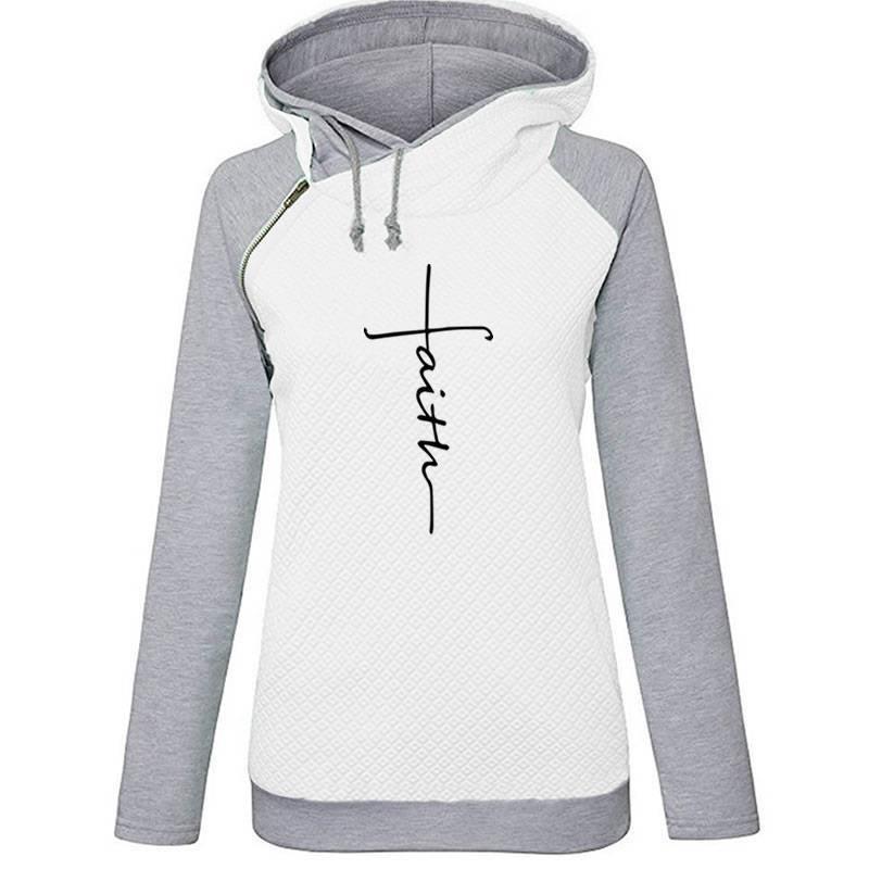 Autumn Winter Patchwork Hoodies Sweatshirts Women Faith Cross Embroidered Long Sleeve Sweatshirts Female Warm Pullover Tops - White / XXL Find Epic Store