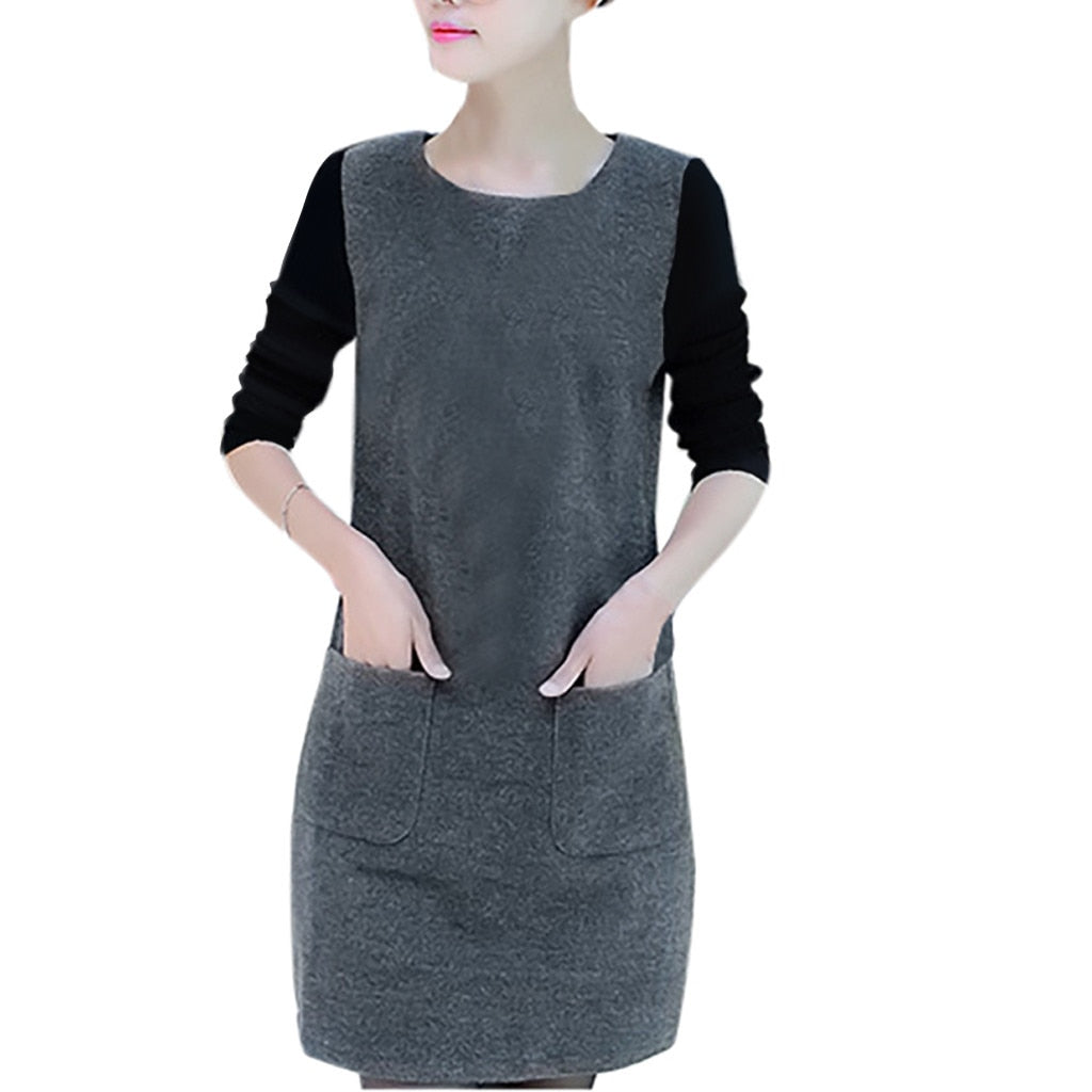 Loose Long Sleeve Splice Pocket O-neck Dress - Gray / L / United States Find Epic Store
