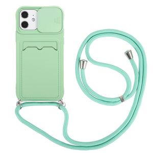 Slide Camera Lens Protection With Card Holder Phone Case for iPhone 11 12 Pro Max XS MAX XR 6s 7 8 Plus Credit Slot With lanyard - 380230 For iPhone 7 or 8 / Light Green / United States Find Epic Store