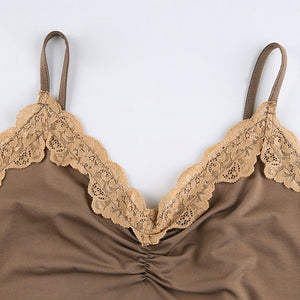Brown Cyber Y2k Lace Trim Kawaii V Neck Sexy Top - 200000790 Find Epic Store