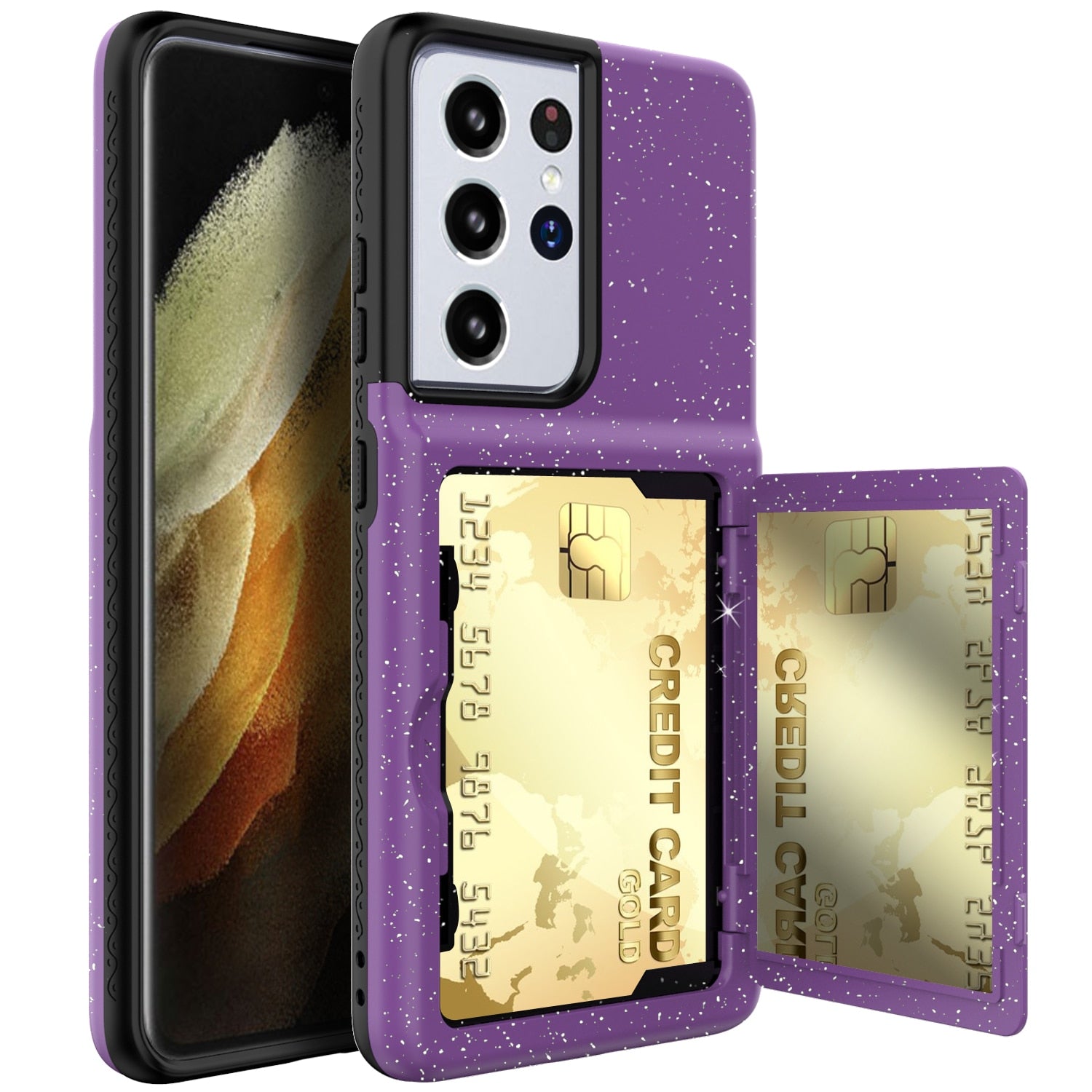 Card Slot Wallet Make Up Mirror Back Cover Flip Case for Samsung Galaxy S21 Ultra Plus Wallet Card Hidden Credit Card Cover S21+ - 380230 for Samsung S21 / purple / United States Find Epic Store