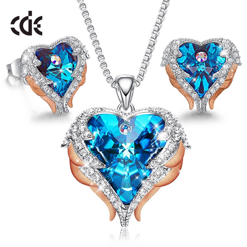 Crystals Heart Jewelry Set for Women Wedding Party Accessories Angel Wings Necklace Earrings Set Wift Gift - 100007324 Blue Gold / United States / 40cm Find Epic Store