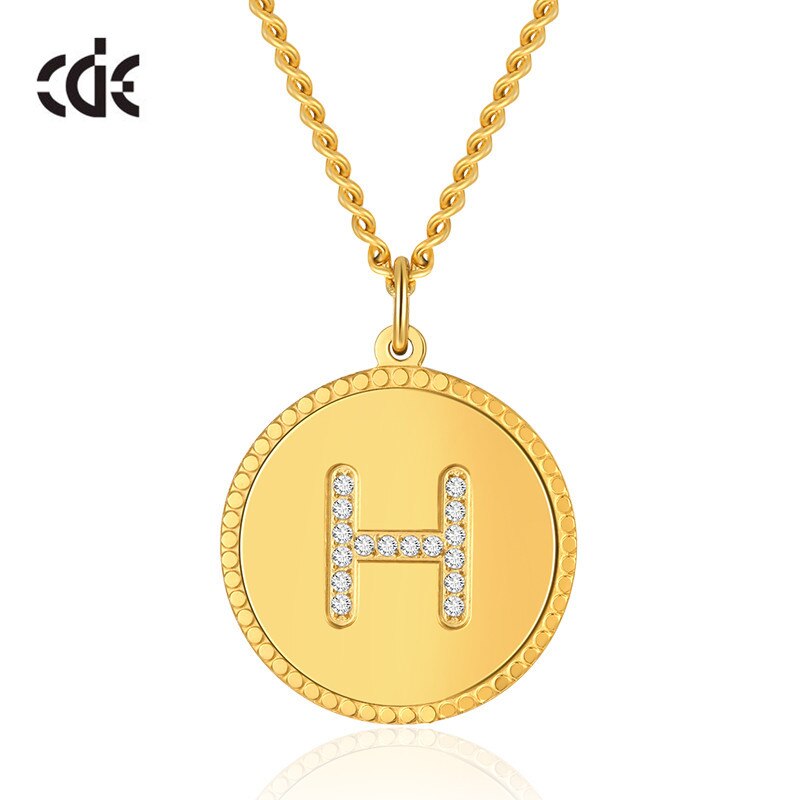 Custom 26 Initial Disc Necklace with CZ Fashion Gold Coin Charm Stainless Steel Necklace Women Men Birthday Gift - 200000162 H / United States / 40cm Find Epic Store