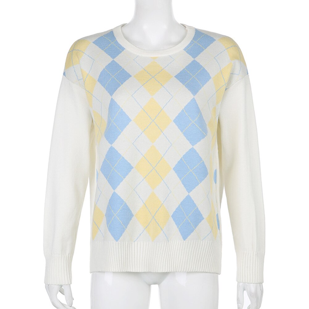 White Plaid Argyle Y2k Sweater - 201240203 Find Epic Store