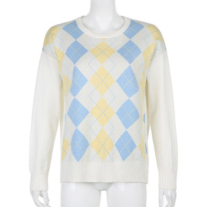 White Plaid Argyle Y2k Sweater - 201240203 Find Epic Store