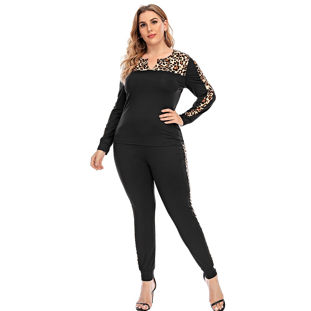 Plus Size Two-piece Leopard Stitching Sportswear Outfit - 201530602 Black / L / United States Find Epic Store