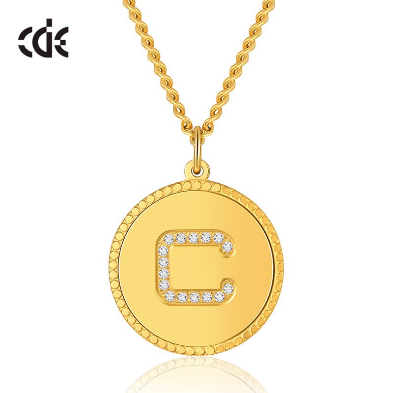Custom 26 Initial Disc Necklace with CZ Fashion Gold Coin Charm Stainless Steel Necklace Women Men Birthday Gift - 200000162 C / United States / 40cm Find Epic Store