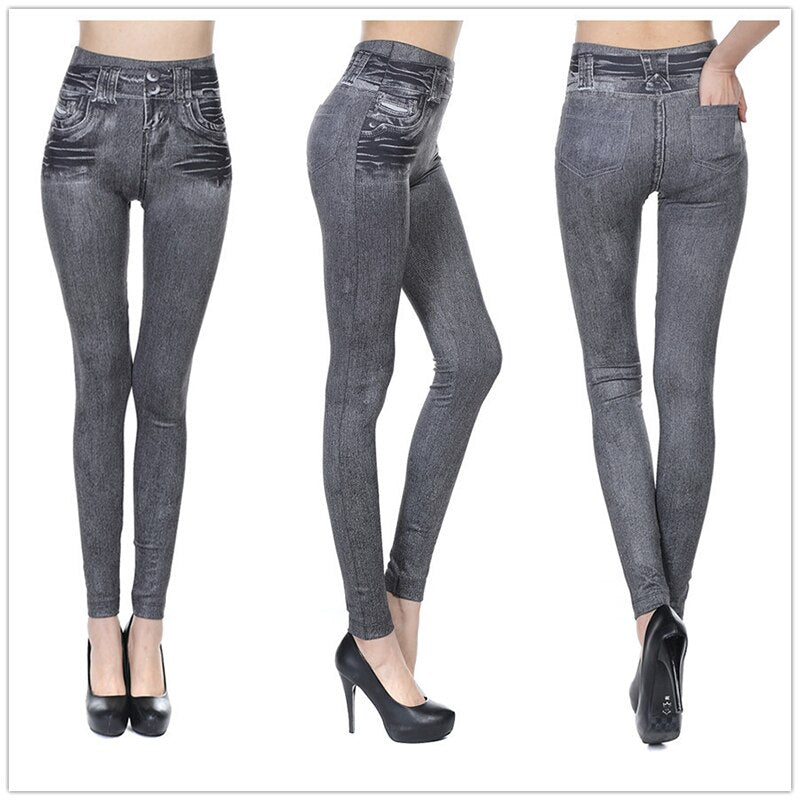 Women Fashion Faux Denim Leggings High Waist Slim Seamless Leggings Sexy Long Jeans Printing Fitness Legging Casual Pencil Pants - 200000865 Gray / S to M / United States Find Epic Store