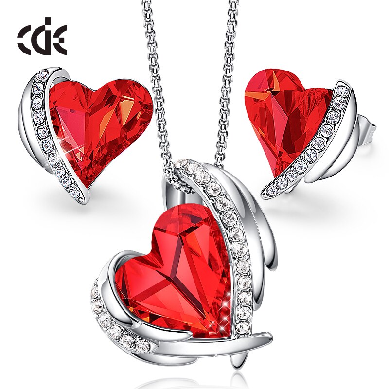 Zircon Angel Wings Necklace Earrings with AB Color Heart Crystals - 100007324 Red / United States / 40cm Find Epic Store