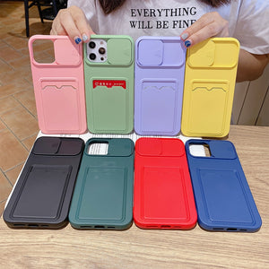 Black Color Case - Card Holder Phone Case for iPhone 12 11 Pro Max XS MAX XR X 6 6s 7 8 Plus Liquid Silicone Slide Camera Lens Wallet Card Bag Case - 380230 Find Epic Store