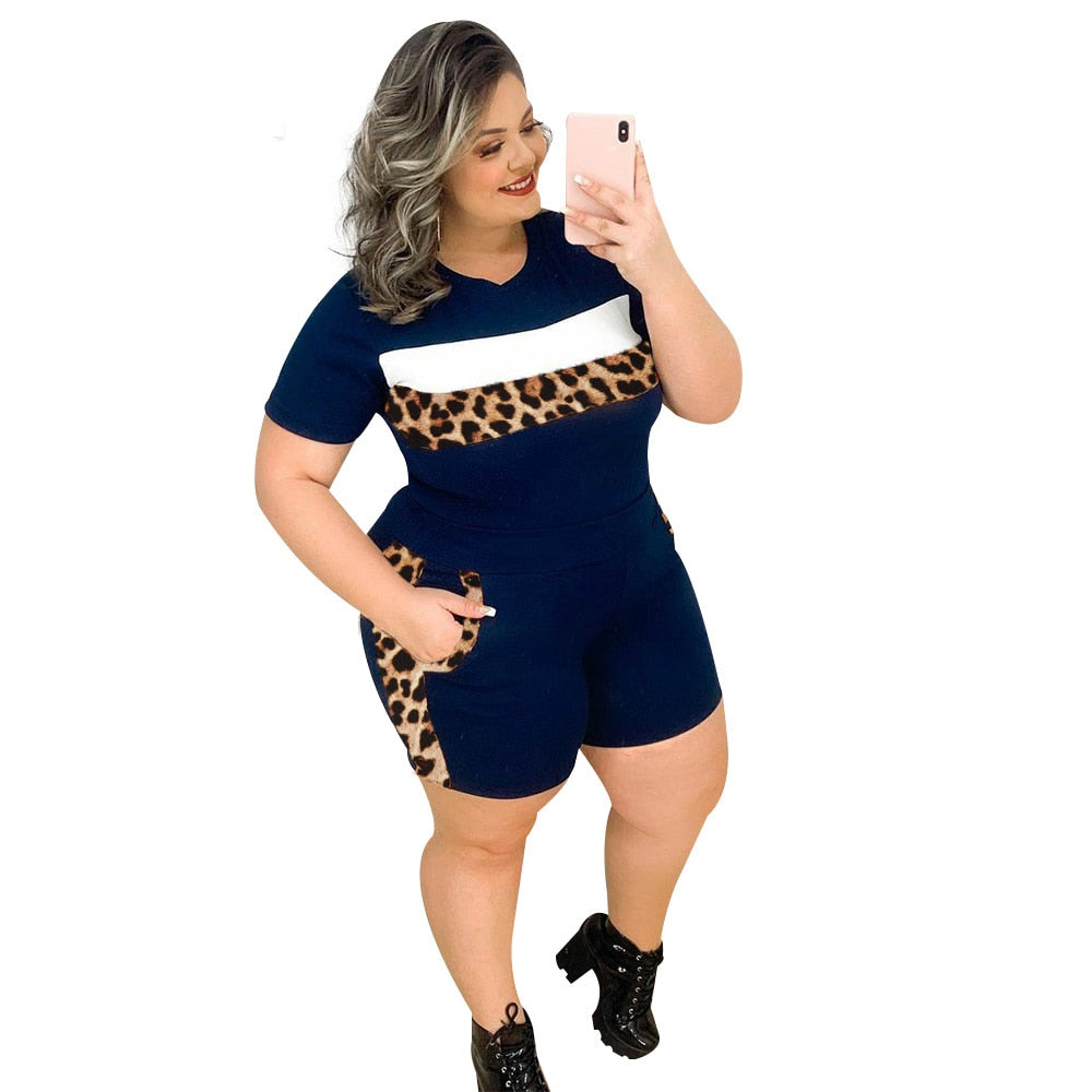 Plus Size Two Pieces Set Women Leopard Print T-Shirts And Pants - 201531602 Navy Blue / XL / United States Find Epic Store