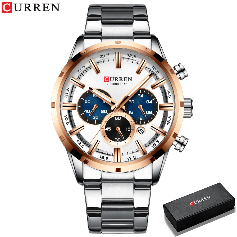 Watch Blue Dial Stainless Steel Band Date Mens Business Male Watches Waterproof Luxuries Men Wrist Watches for Men - 0 Silver white box Find Epic Store