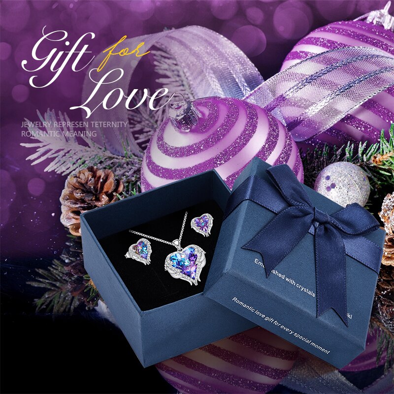 Fashion Jewelry Sets Silver Color Heart Pendant Necklace Earrings Set - 100007324 Purple in box / United States / 40cm Find Epic Store