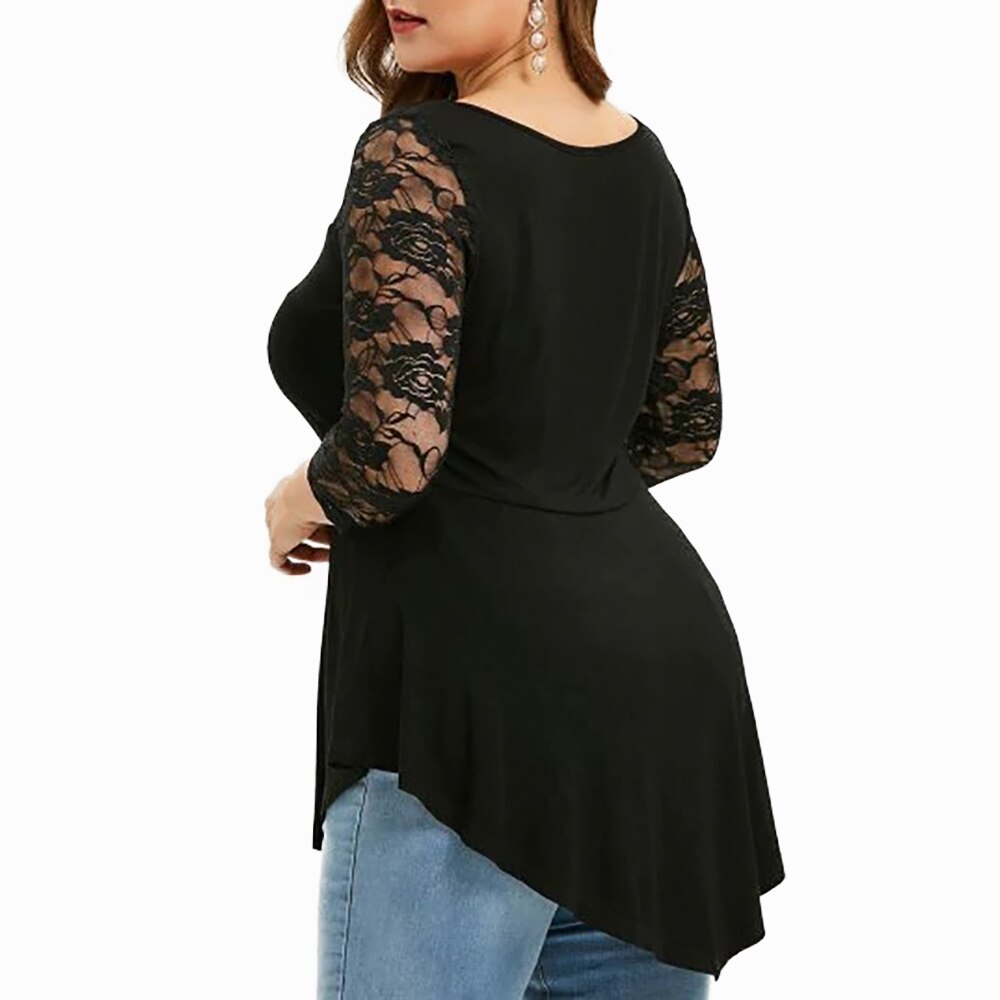 Large Size Sexy O-Neck Long Sleeve Hollow Lace T-Shirt - 200000791 Find Epic Store