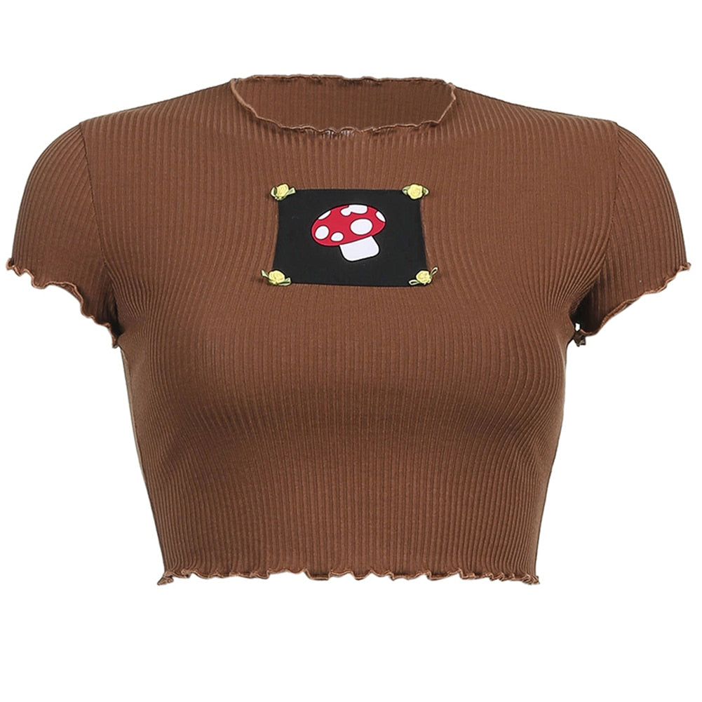 Ribbed Ruffles Brown Cyber Y2k Crop Top - 200000791 Brown / S / United States Find Epic Store