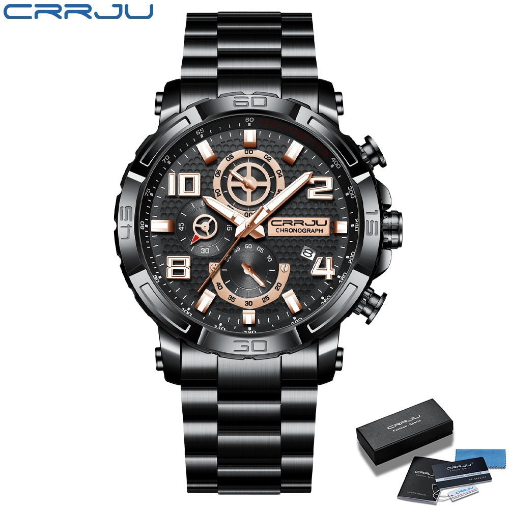 Top Brand Casual Sport Chronograph 316L Stainless Steel Wristwatch Big Dial Waterproof Quartz Clock - 0 Black Rose box Find Epic Store
