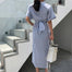 Cotton Blue Striped Bandage Split Long Dress - 200000347 Find Epic Store