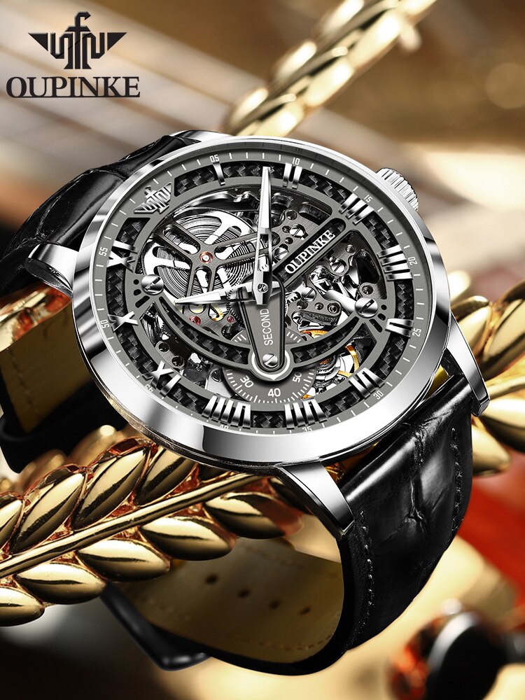 OUPINKE Hollow Skeleton Automatic Genuine Leather Top Brand Luxury Wristwatch - 200033142 siliver face / United States Find Epic Store