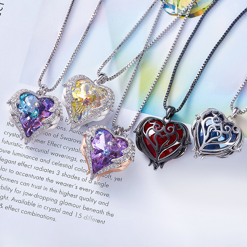 Crystal Necklace New Design Sparkling Heart Blue Stone Pendant Necklace for Women Angel Wing Original Jewelry - 200000162 Find Epic Store