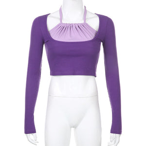 2 Pieces Halter Long Sleeve Crop Top T Shirt - 200000791 Purple / S 1 / United States Find Epic Store