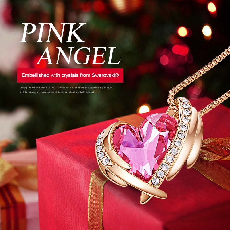 Women Gold Necklace Pendant Embellished with Crystals Pink Heart Necklace Angel Wing Jewelry Mom Gift - 100007321 Find Epic Store