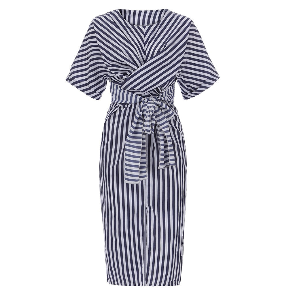 Cotton Blue Striped Bandage Split Long Dress - 200000347 Find Epic Store