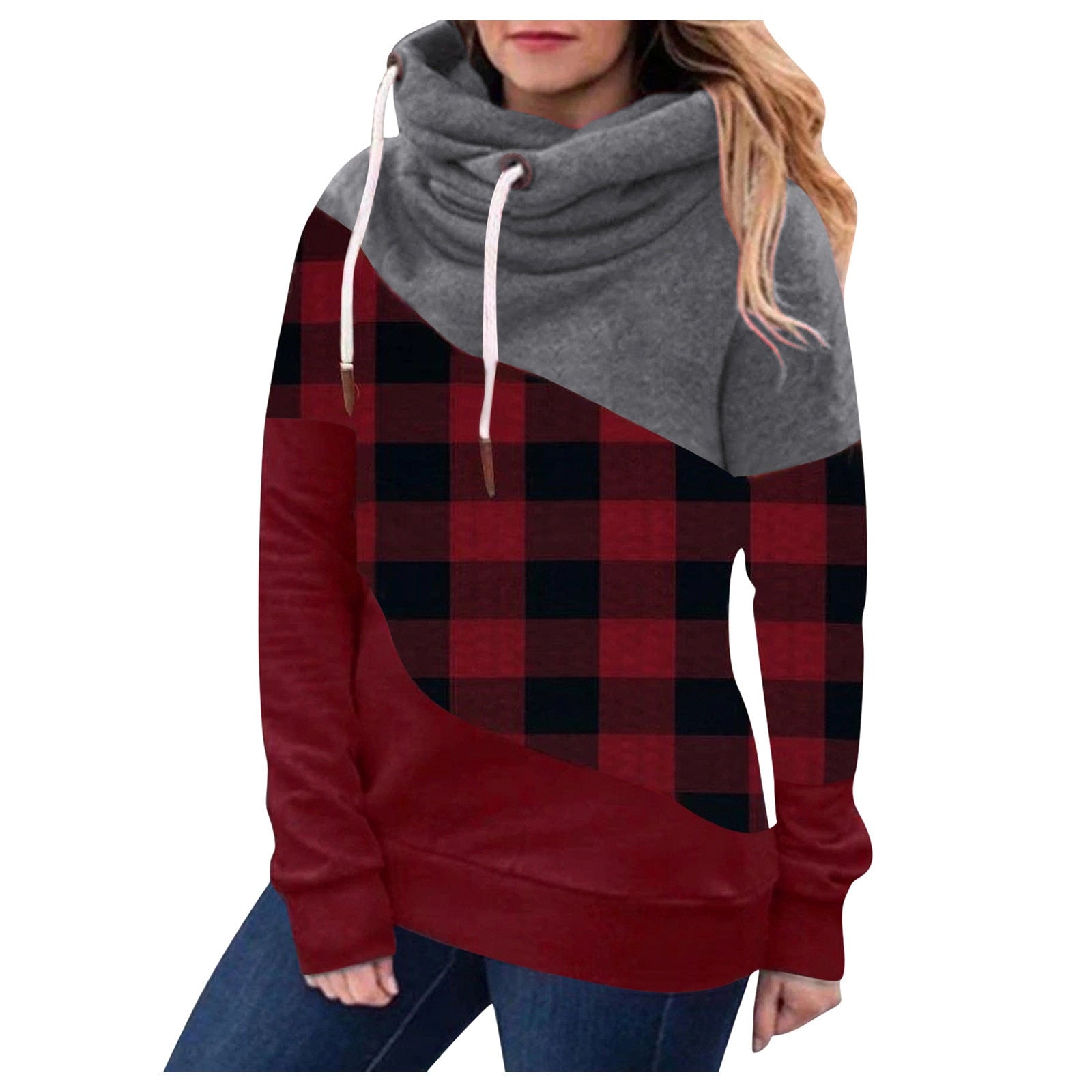 Women Red Black Grid Pullover Hoodie - 200000348 Gray / S / United States Find Epic Store