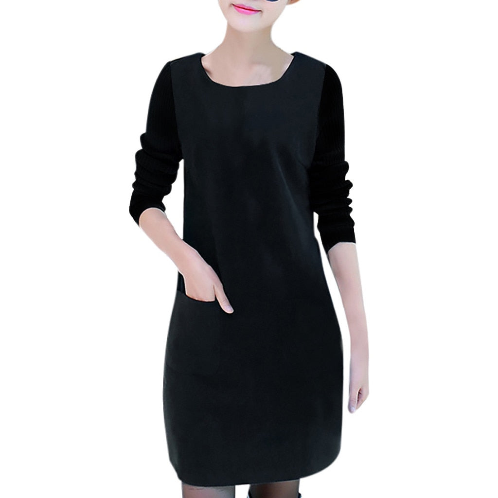 Long Sleeve Splice Pocket O-neck Dress - Black / XXXL / United States Find Epic Store