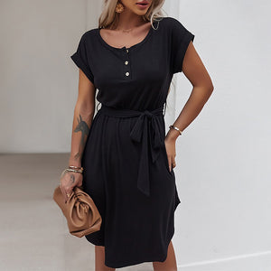 Cotton Buttons Midi Dress with Belt - 200000347 Black / S / United States Find Epic Store