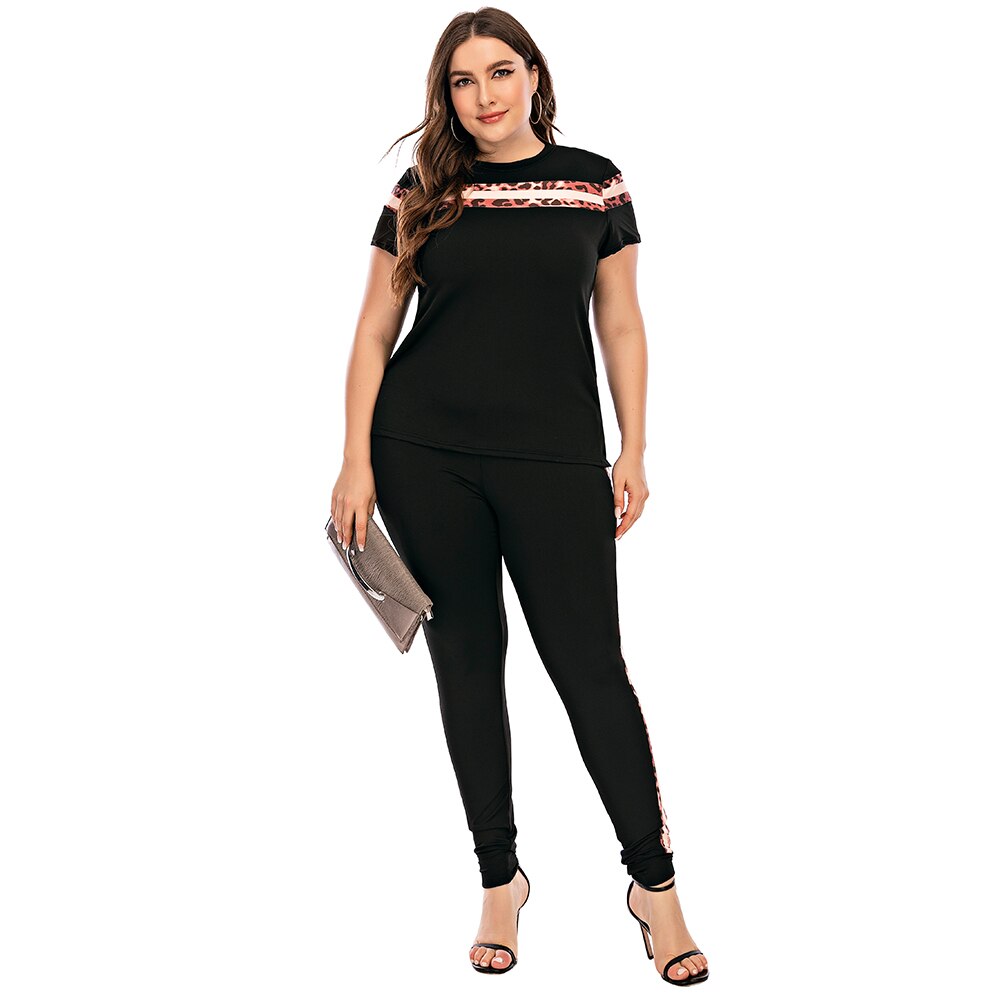 Plus Size Two Piece Casual Leopard Print Shirt + Side Stripe Pants Outfit - 200003494 Black / L / United States Find Epic Store