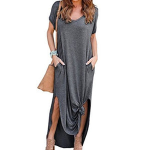V Neck Side Pocket Slit Long Dress - 200000347 Dark Gray / S / United States Find Epic Store