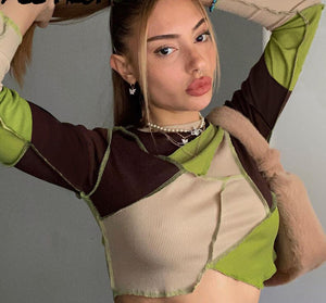 2021 Contrast Patchwork Sexy Crop Top - 200000791 green / L / United States Find Epic Store