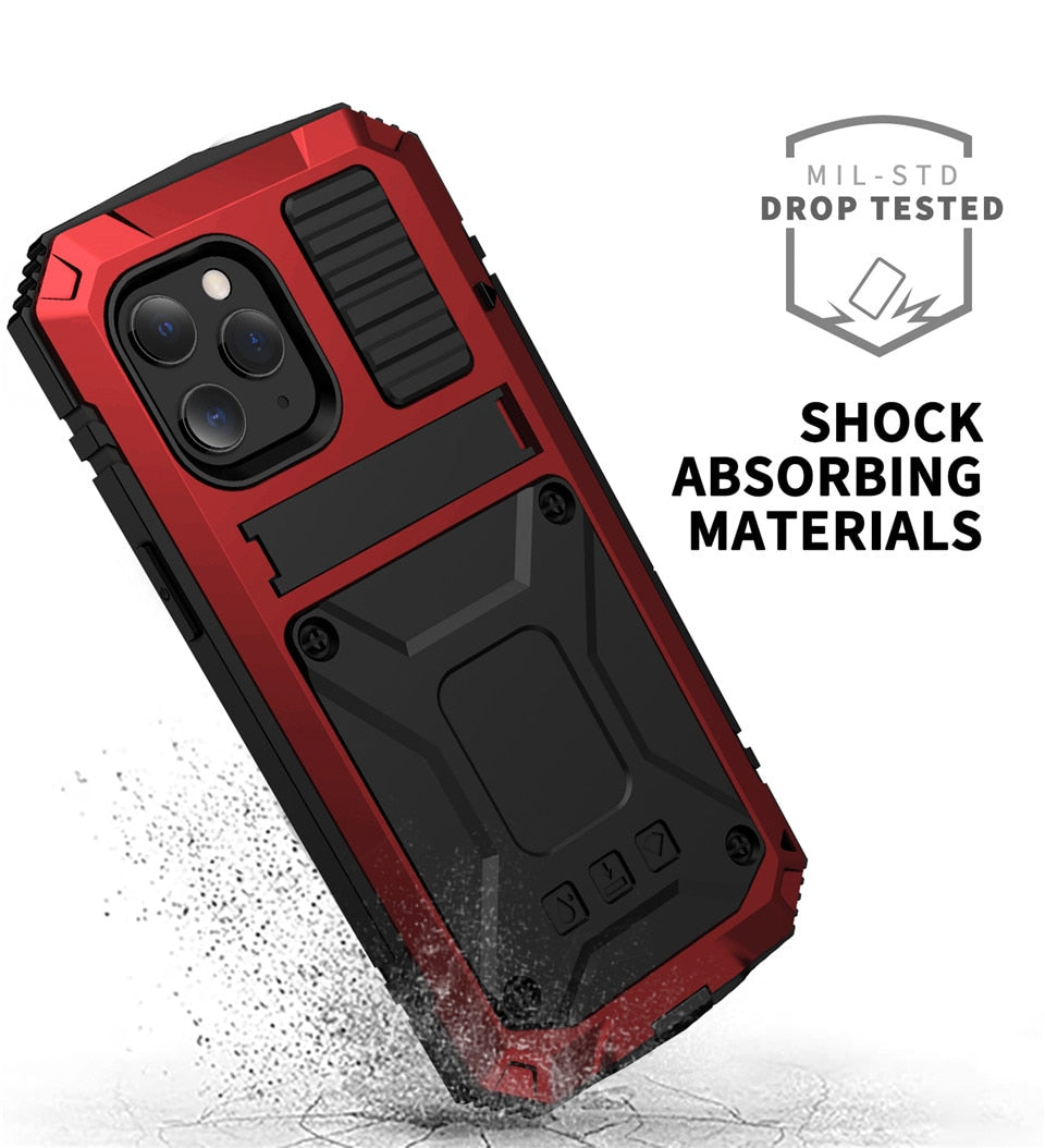 Heavy Duty Phone Case with Kickstand for iPhone 12 Pro Max XS Max XR Aluminum Silicone Hybrid Cover Built in Tempered Glass - 380230 Find Epic Store