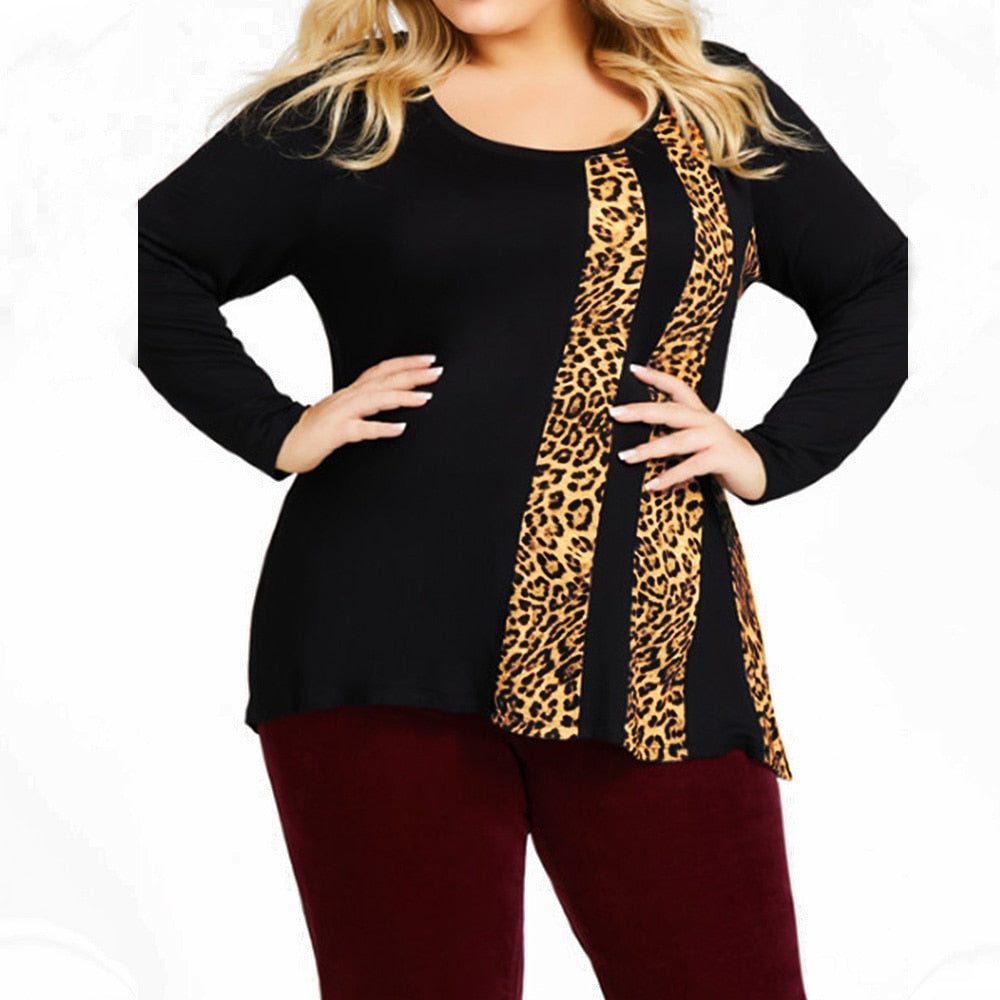 5XL Plus Size Leopard Print Long Sleeve O-Neck Patchwork T-Shirt - 200000791 Find Epic Store