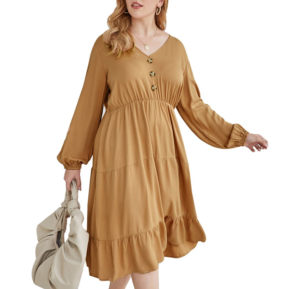 Plus Size Elegant V Neck Solid Loose Midi Dress - 200000347 Find Epic Store