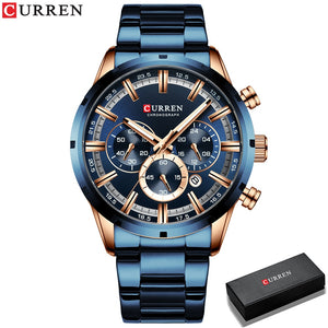 Watch Blue Dial Stainless Steel Band Date Mens Business Male Watches Waterproof Luxuries Men Wrist Watches for Men - 0 blue box Find Epic Store