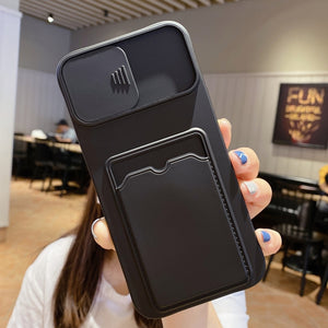 Black Color Case - Card Holder Phone Case for iPhone 12 11 Pro Max XS MAX XR X 6 6s 7 8 Plus Liquid Silicone Slide Camera Lens Wallet Card Bag Case - 380230 Find Epic Store