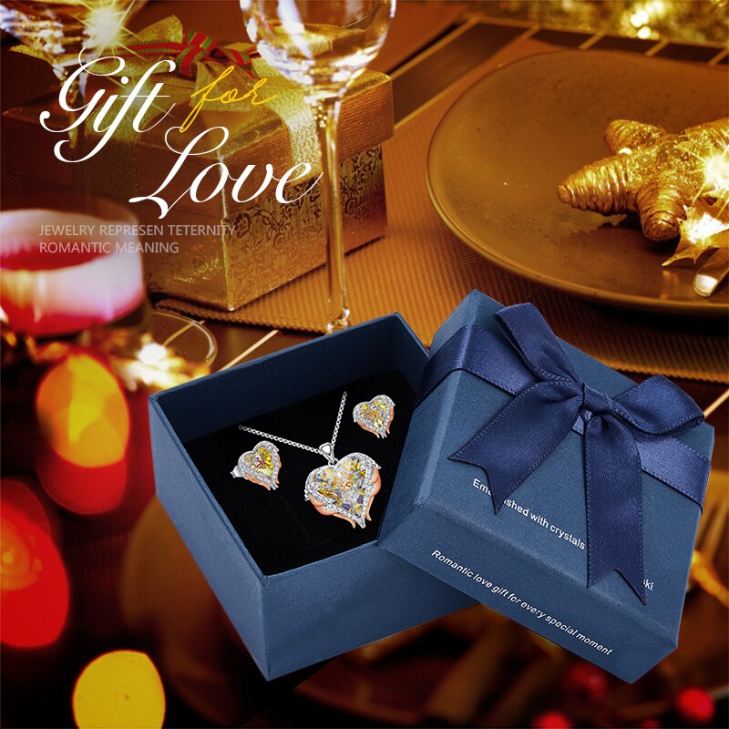 Fashion Jewelry Sets Silver Color Heart Pendant Necklace Earrings Set - 100007324 AB Color Gold in box / United States / 40cm Find Epic Store
