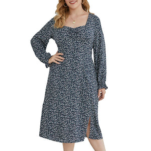 Plus Size Long Sleeve Elegant Mid-Calf Split Dress - 200000347 Navy Blue / XL / United States Find Epic Store